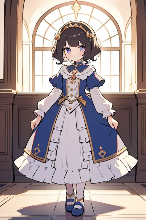 {loli}, regal, palace hallway, window, girl, small, short curly hair, fair skin, cute, fancy cute dress, royal.