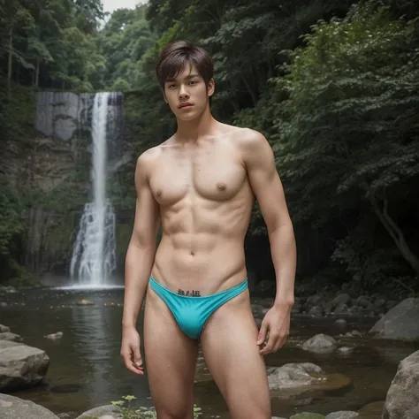 teenage boy ,handsome korean boy ,handsome, Wear mankini , Slim figure , Not very muscular , Stand and see the whole thing. , There is a waterfall., There are trees. 