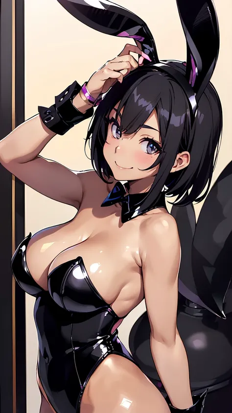 Standing、(playboy bunny, black rabbit ears, wrist cuffs, black leotard:1.5), Outstanding smile、 milf 、Japanes、huge breast、short hair、(gleaming skin:1.4)、arms behind back, pigeon toed, Esbian all over、bar、