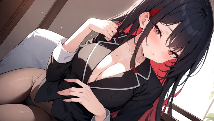 ((highest quality)), ((masterpiece)), (detailed), Perfect Face、Black suit、Black hair girl、Red hair tip
