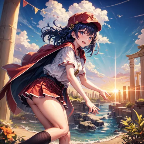 Red Blue Hair、Golden Eyes、Braid、One good looking girl、solo、anime、Checkered mini skirt、Ruffles on the skirt、Red T-shirt、Cape、Gothic、Black knee-high socks、Wearing a baseball cap、Wearing a ribbon、Ribbon on waist、Tilting face、Teeth are visible、Sunset sky、Pierc...