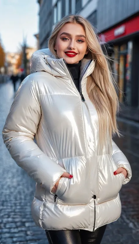 hyperrealistic beautiful busty 19-year-old woman with long legs wearing casual winter outfit with shiny white vinyl puffer coat, model shooting full body photography, bleached blonde very long straight hair, soaky wet skin, dark eye makeup with eyeliner, s...