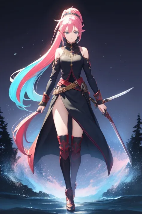 The War Games of Zelos, many girls, colorful hair, knight, ponytail, colorful hair, colorful eyes, Appearance at birth, multi pose of drawing a sword, Delighted, group, full body shot.,
