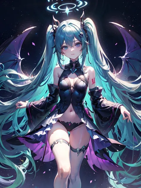 Hatsume miku x suicune ,ojos hermosos ((alta definicion)), fenix girl,art by dark natasha, jardin zen, art by dark natasha,  art by vixen aztra, cuerpo completo, ventido de demonio, alas de diablo, cintura delgado, caderas amploas, piernas torneadas, hermo...