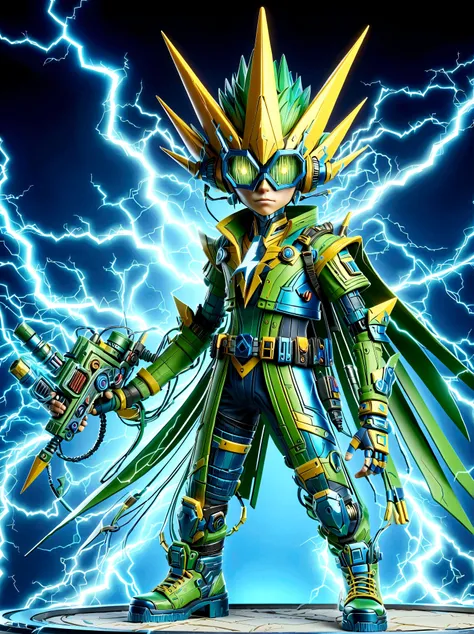 1boy, solo, Lightning energy,Electricity elements,Wearing a pointed headdress,Wearing large rectangular glasses,Blue Highlight Lightning,Wearing bright blue and green square clothing,High heel boots,Holding an electric weapon,Space starry sky background,Ga...