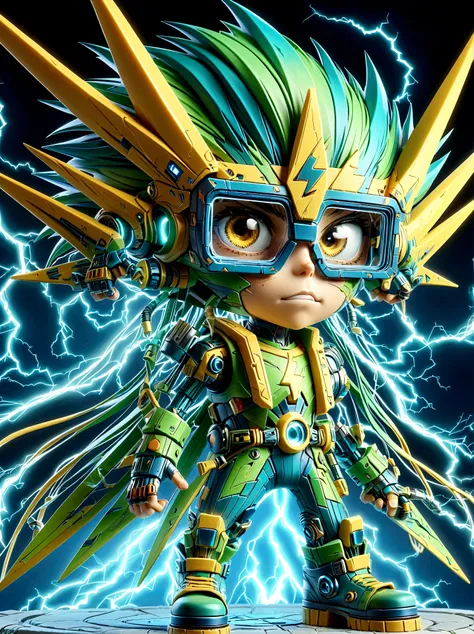 1boy, solo, Lightning energy，Electricity elements，Wearing a pointed headdress，Wearing large rectangular glasses，Blue Highlight Lightning，Wearing bright blue and green square clothing，High heel boots，Holding an electric weapon，Space starry sky background，Ga...