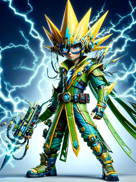 1boy, solo, Lightning energy,Electricity elements,Wearing a pointed headdress,Wearing large rectangular glasses,Blue Highlight Lightning,Wearing bright blue and green square clothing,High heel boots,Holding an electric weapon,Space starry sky background,Ga...