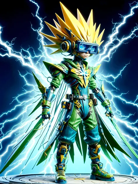 1boy, solo, Lightning energy,Electricity elements,Wearing a pointed headdress,Wearing large rectangular glasses,Blue Highlight Lightning,Wearing bright blue and green square clothing,High heel boots,Holding an electric weapon,Space starry sky background,Ga...