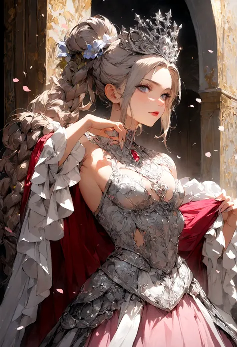 woman, Severe, Warrior, armor, elegant, Pink Dress, Aristocratic, silver element, Long nails, Exposing shoulders, Hairstyle, Put your hair up, Braids and ponytails, Messy, arrogant, Absurd, Detailed dress, Royalty, celebration, Hall decorated with flowers,...