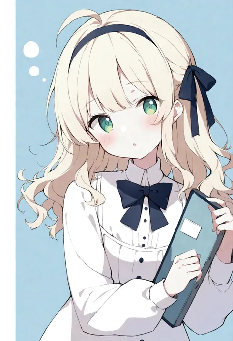 1girl, solo, shirt, long_sleeves, upper_body,dress, ribbon,  looking_at_viewer, blush, short_hair, blonde_hair, antenna_hair, bangs, hair_ribbon, parted_lips, hairband, eyebrows_visible_through_hair, bow, green_eyes, holding, :o, wavy_hair, white_shirt, dr...