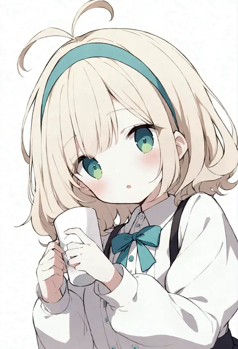 1girl, solo, shirt, long_sleeves, upper_body,dress, ribbon,  looking_at_viewer, blush, short_hair, blonde_hair, antenna_hair, bangs, hair_ribbon, parted_lips, hairband, eyebrows_visible_through_hair, bow, green_eyes, holding, :o, wavy_hair, white_shirt, dr...