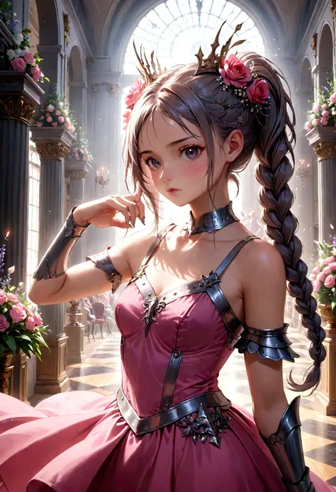 woman, Severe, Warrior, armor, elegant, Pink Dress, Aristocratic, silver element, Long nails, Exposing shoulders, Hairstyle, Put your hair up, Braids and ponytails, Messy, arrogant, Absurd, Detailed dress, Royalty, celebration, Hall decorated with flowers,...