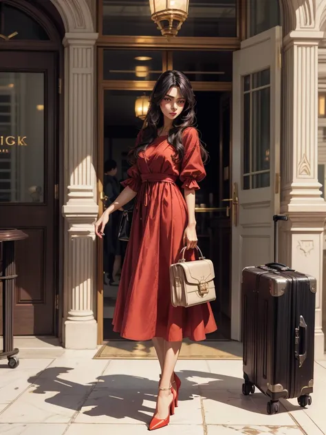 an incredibly beautiful young femme fatale brunette with long black straight hair, long bangs, dressed in a light summer red dre...