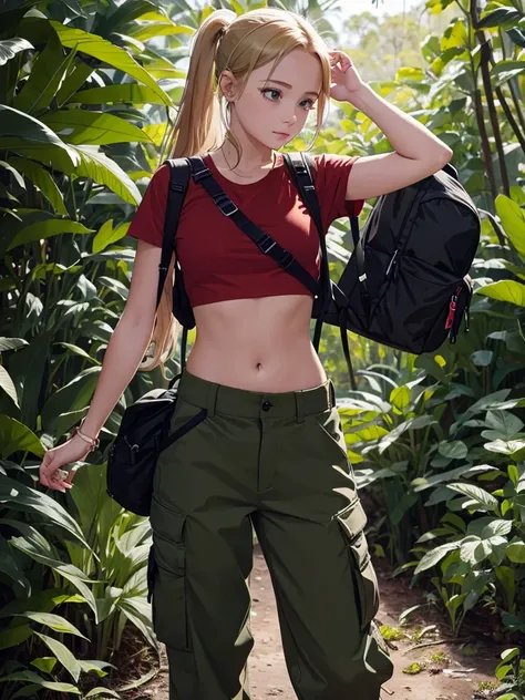 Girl wears a red cropped shirt and shows her midriff and belly button, ((shot cargo pants)), ((backpack)) , blonde hair, ponytail hair , in forest, Australian girl , fat