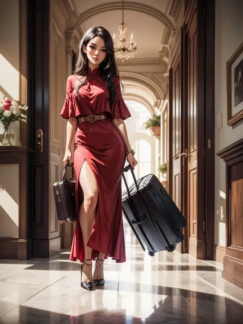 an incredibly beautiful young femme fatale brunette with long black straight hair, long bangs, dressed in a light summer red dre...