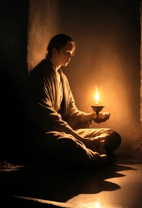 warrior: Man meditating by candlelight in a dark room, Candles to light up the atmosphere (masterpiece) (8K High Resolution) (highest quality) (Ultra high definition) (Ultra-realistic)(RAW Photos) (Realistic photos) (Bright lighting)