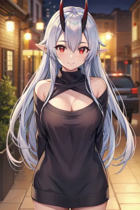 masterpiece, best quality, 1girl, tomoe gozen, torino style, glowing red eyes, smug smile, hair between eyes, silver long hair, elf, oni horns, sweater, bare shoulders, cleavage, hands behind back, ultra-detailed, realistic, photorealistic, HDR, UHD, studi...