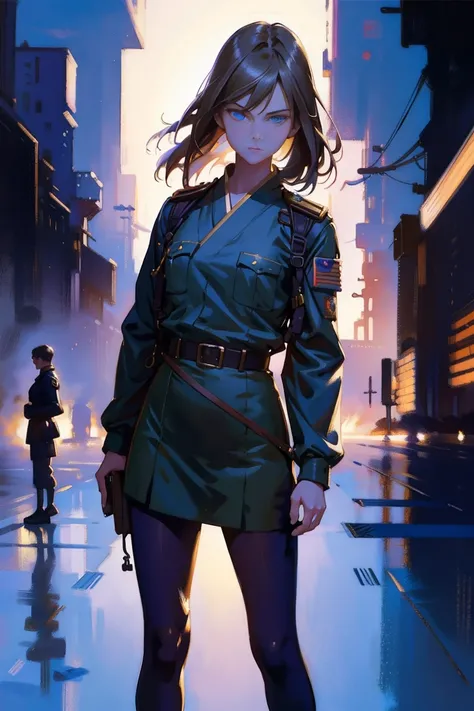 detailed full body portrait，(A girl with a determined look), (flying soldier)、(mandy jurgens) A realistic painting was created, transformation, Figurative art, Detailed Description, Realistically, Artwork, Contour，  Colorful Noise, Visual clutter,Modern ae...