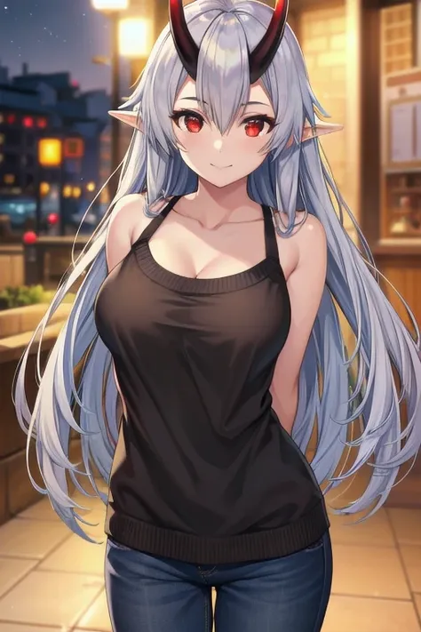 masterpiece, best quality, 1girl, tomoe gozen, torino style, glowing red eyes, smug smile, hair between eyes, silver long hair, ...