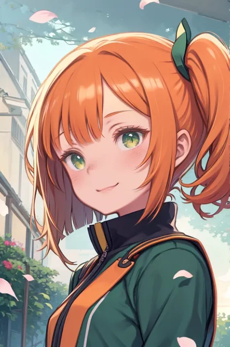 1 girl、Riders jacket、Small breasts、Orange Hair、Glowing green eyes、Side Ponytail、From the side、Wicked Smile、1 beautiful delicate portrait of a girl with a soft and peaceful expression、The background is a garden with flower petals falling..。