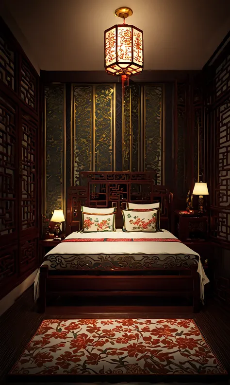 Top quality illustrations Night view No people Chinese style room Delicate bed Noble furniture