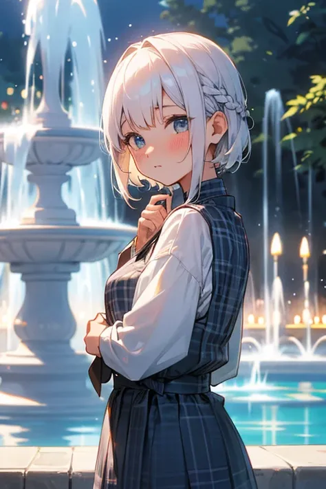 Short white hair, blush, Navy and white checked outfit、Braiding、Fountain in the background、Keep the image of your face、