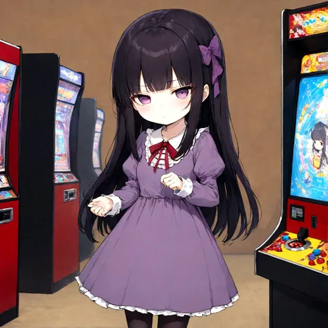 best quality, super fine, 16k, incredibly absurdres, extremely detailed, 2.5D, delicate and dynamic, Anime High Score Girl heroine Ono Akira, cute girl, long straight black hair with blunt bangs, sulky expression, expressionless, purple dress with ribbon, ...