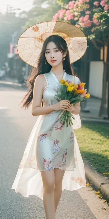 ((lifelike:1.2)), ((masterpiece:1.2)), ((Highest quality image)), ((not NSFW)), ((8K)), CG, HD, very beautiful girl, asian mixed idol model,
(((Girl wearing a silk dress rents flowers, Leaves, birds, colourful))), Full body photo of girl standing on the st...