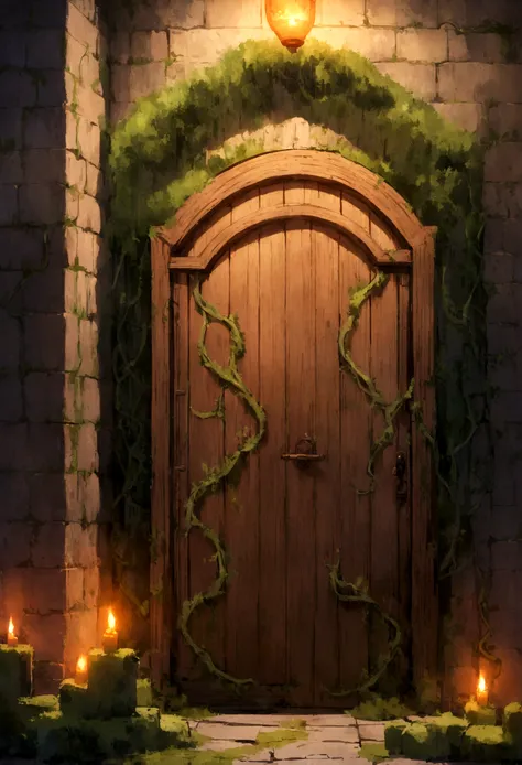 A person standing in front of a wooden door，In front of the door is a stone wall maze covered with moss and vines., Surrounded by the glow of torches on the maze walls.