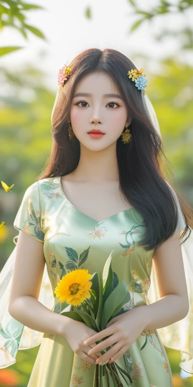 ((lifelike:1.2)), ((masterpiece:1.2)), ((Highest quality image)), ((not NSFW)), ((8K)), CG, HD, very beautiful girl, asian mixed idol model,
(((Girl wearing a silk dress rents flowers, Leaves, birds, colourful))), ((high solution và tương phản)), ((Super n...