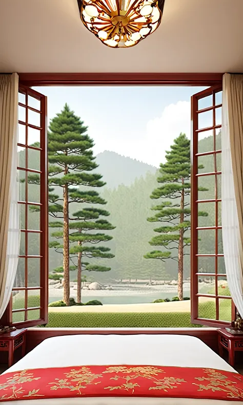 Top quality illustrations No humans in Chinese-style room Large windows overlooking a magnificent pine tree Delicate bed Luxury furnishings  