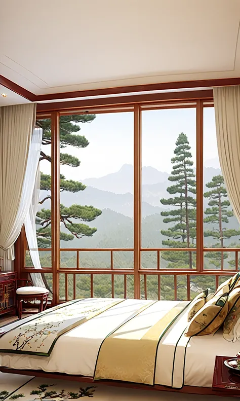 Top quality illustrations No humans in Chinese-style room Large windows overlooking a magnificent pine tree Delicate bed Luxury furnishings  