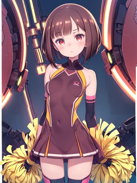 (SFW), Intricate details, (Bright neon colors), Detailed Background, Dawn, indoor, One girl, (small, (Cute expressionless face, Bright red eyes), (Human torso, Firm breasts, Cheerleader, Robot Arm, Robot legs), (Brown Hair, Bobcut)), Dynamic Angle