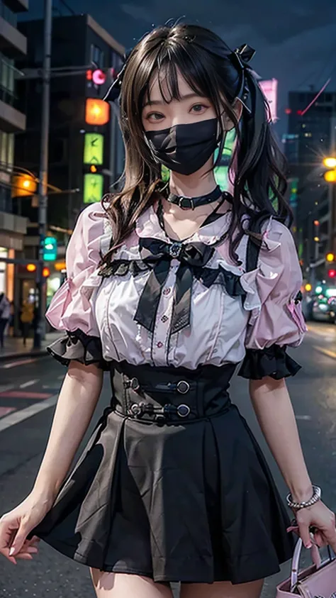 (8K、Top image quality、top-quality、​masterpiece)、A detailed face、1 girl in、Dark hair、((twintails))、blunt bangs、short-hair、waved hair、Gray eyes、piercings、evil smile、smirk grin、mask_pull、Moderately breasts、((pink clothing))、frilld、a black ribbon、Black miniski...