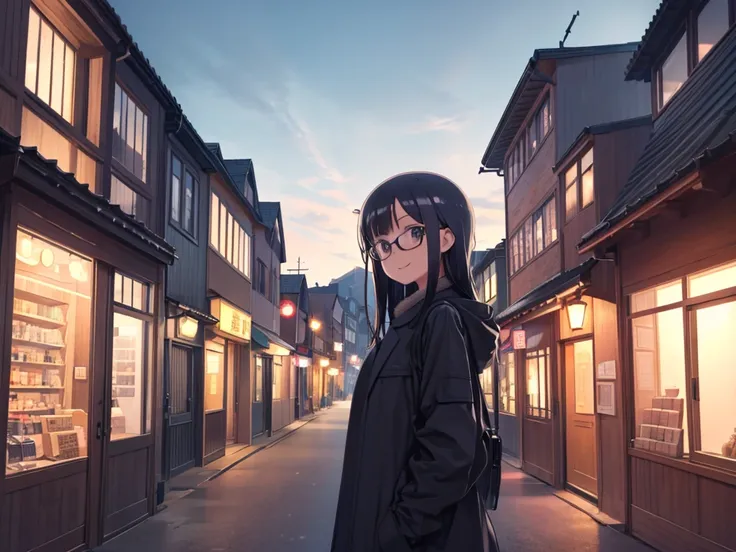 One girl, alone, Glasses, Black Hair, Long Hair, Duffle coat, Black Bag, smile, View Viewer, alone focus, picture, dog, hachikoumae, scenery, wood, Outdoor, building, city, road, Real-world locations, Day, swoodt, shop, Masterpiece of the Sky, highest qual...