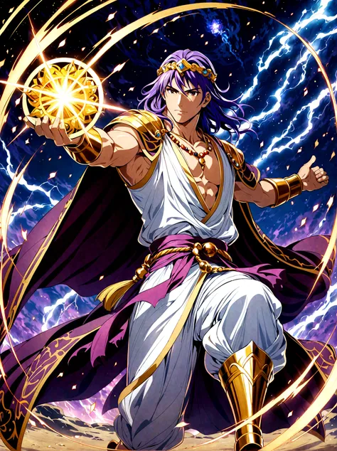 Japanese Manga "Magi: The Labyrinth of Magic", sinbad, magi, 1boy, solo, Male focus, looking at the viewer, jewelry, purple hair, brown eyes, long hair, deep eyes, handsome appearance and heroic temperament, gorgeous clothing, wearing headdress and jewelry...