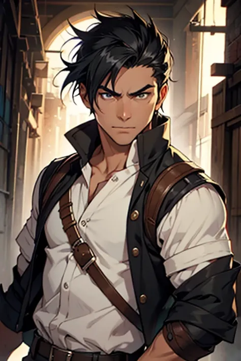 male, mercenary, 40s, Black Hair, Iris, Light clothing, Character portrait, TRPG, No background