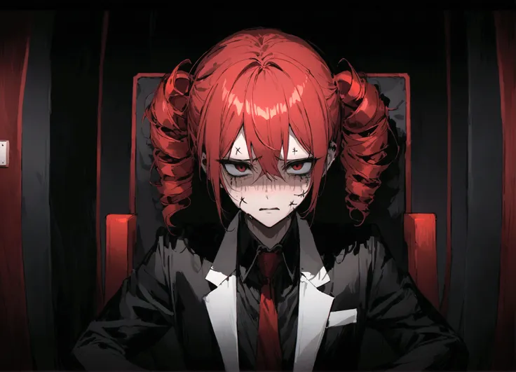 red hair、black suit、painful face、sit in front of your computer