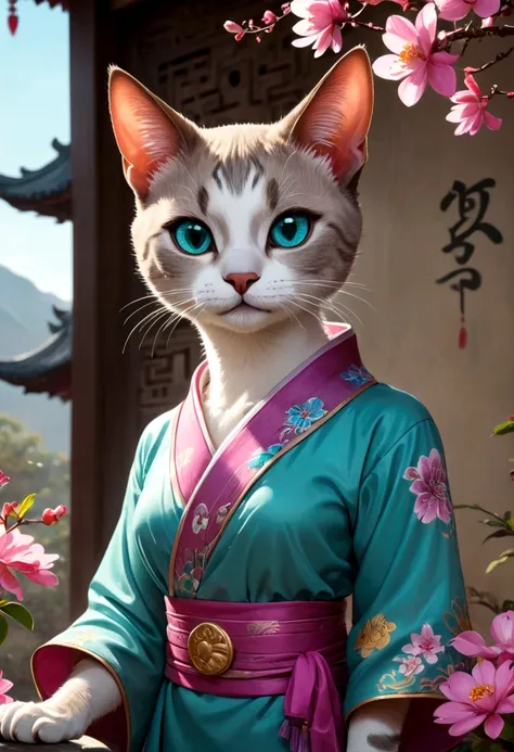 (Masterpiece),(highly accurate drawing in every detail),(extremely precise representation)(cinematic) ((half body portrait)), 3/4 portrait, ancient chinese mythology vibe, a stunning short haired oriental cat(with all cat specific bodyparts) dressed in tur...