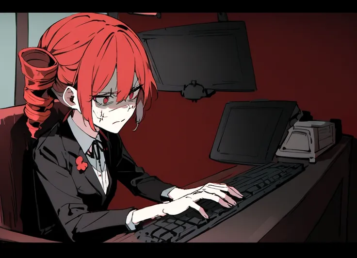 Red hair、Black Suit、Painful face、Sit in front of your computer、Typing