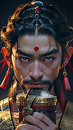 Oriental、Men in ancient Chinese costumes、ancient chinese hairstyle men、Three Kingdomultiple warlords、highest quality、masterpiece、Ultra-high resolution、(Realistic:1.4)、Game Poster、Crisp and beautiful image quality、Red clothes、Long beard、I put a cylindrical ...