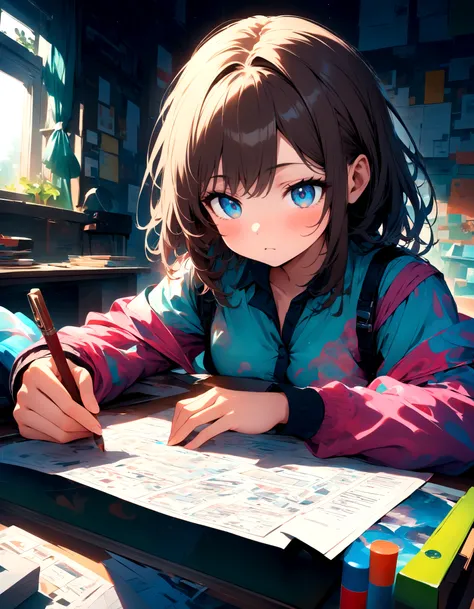 [,『?  and the alphabet are arranged in random order to draw an abstract illustration.,chaotic color balance,This is an illustration that embodies a confused state.,Add black haze to express confusion,:,One 17-year-old female taking a paper test,focus on gi...