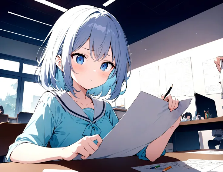 Fixes,One 17-year-old female taking a paper test,focus on girls,She is a quiet and smart-looking cute girl.,A woman is sitting in a chair in front of a desk with a paper test on it.,There are pencils and erasers on the desk.,The girl is working on a paper ...