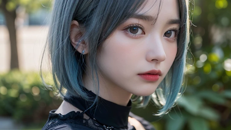 (Bob Cut Hair, Light blue hair:1.2),(Put on a choker, Wear a black blouse:1.2),1 girl,Japanese,21 years old,(Small breasts:1.3),(highest quality,masterpiece:1.3,超A high resolution,),(Ultra-detailed,Caustics),(Photorealistic:1.4,RAW shooting,)Ultra-Realisti...