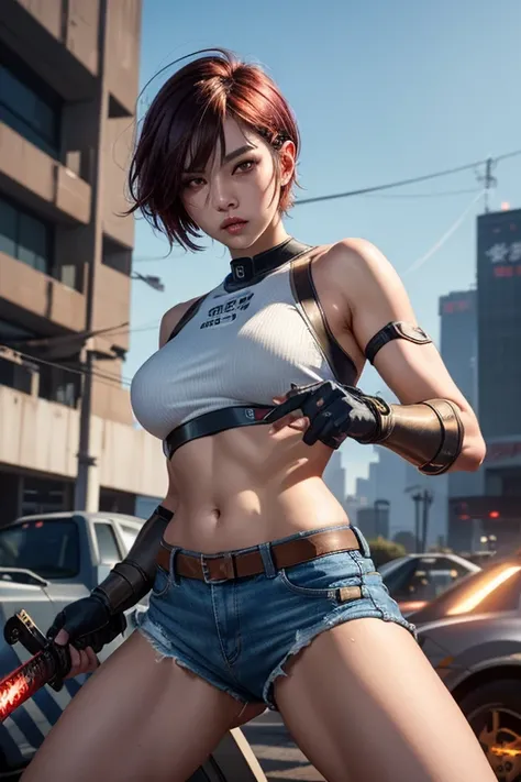 Digital Cyberpunk Art、８k，Very detailed，Ash colored short hair、Wearing a white tube top battle suit、Wear a denim shorts battle suit、Explore the abandoned laboratory、Japanese women、Medium chest、(fighting stance)、(katana)