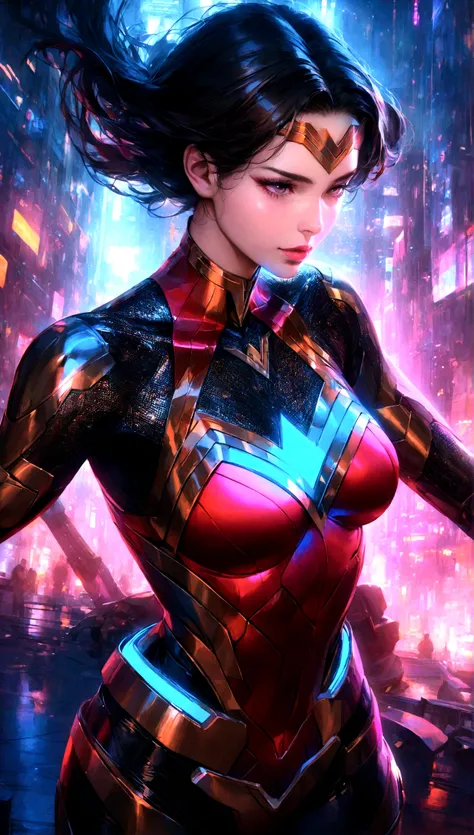 A highly detailed, photorealistic portrait of Wonder Woman in a futuristic, cyberpunk setting, wearing a high-tech bodysuit, surrounded by advanced technology and neon-lit cityscape, cinematic lighting, vibrant colors, intricate details, masterpiece