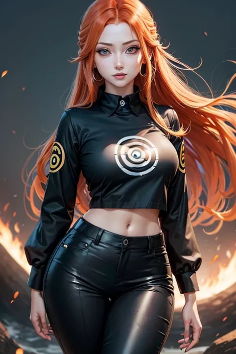 Kushina Uzumaki, olhos azuis ameixa, black collared pants, blusa branca, sorriso debochado, qualidade de anime