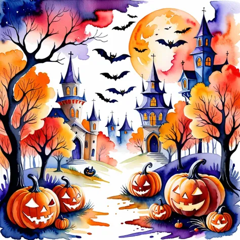 watercolor painting in halloween style . bright, beautiful, picturesque, detailed, textured, art