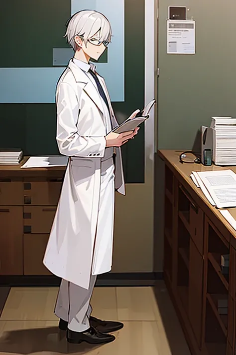 an old professor, wearing glasses, standing, wearing a white lab coat, holding a notepad