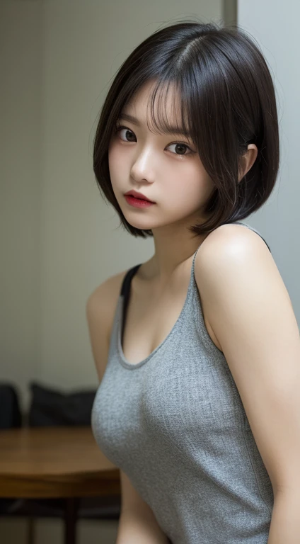 Tabletop, highest quality, figure, Super detailed, In detail, High resolution, In 8K,wallpaper, Perfect dynamic composition, Beautiful fine details, Black Tank Top,Short Bob Hair、Shiny silver hair color,Big Natural Color Lip, Bold sexy pose,Expressionless、...